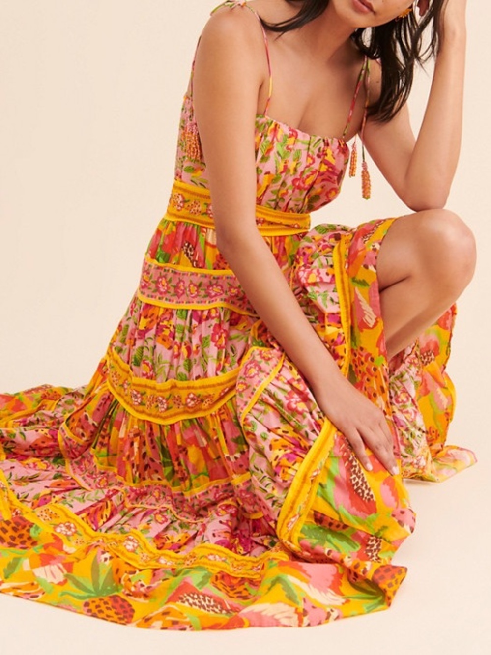 FARM Rio Mixed Fruits Paradise Midi Dress Orange/Yellow Ruffled Tiered Size S